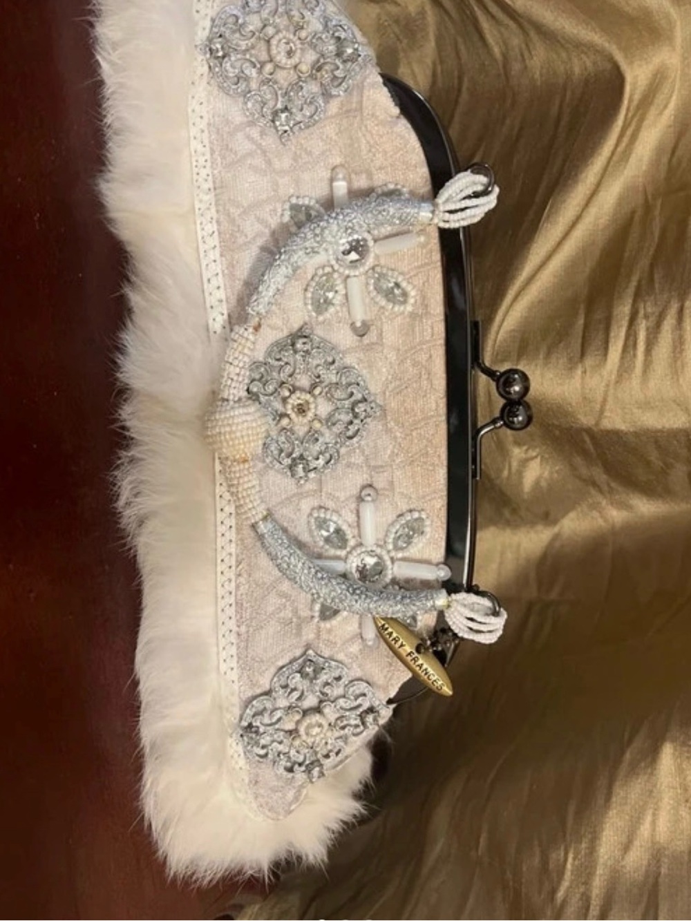 Mary Frances Ivory and Silver Beaded Fur Trim Clutch
